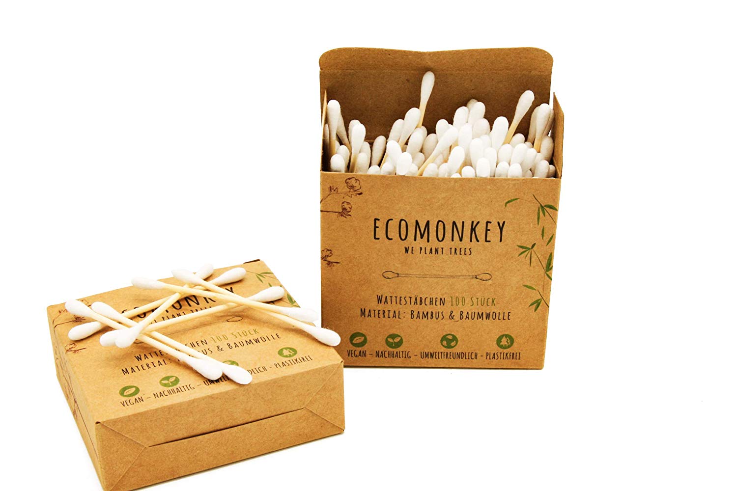 Bambus Wattestbchen mit Baumwolle | 200 Stck | vegan, kologisch  nachhaltig & plastikfrei - ECOMONKEY